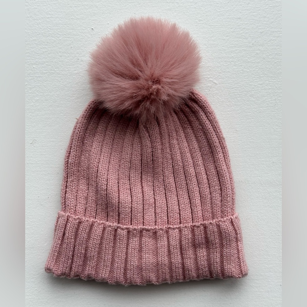 Pink Kids Ribbed Pom Pom Beanie fits 2-4 Years
